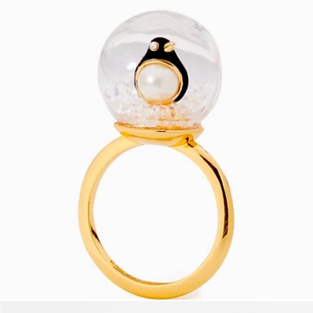 KATE SPADE Arctic Friends PENGUIN SNOW GLOBE RING! Statement Cute Animal Pearl